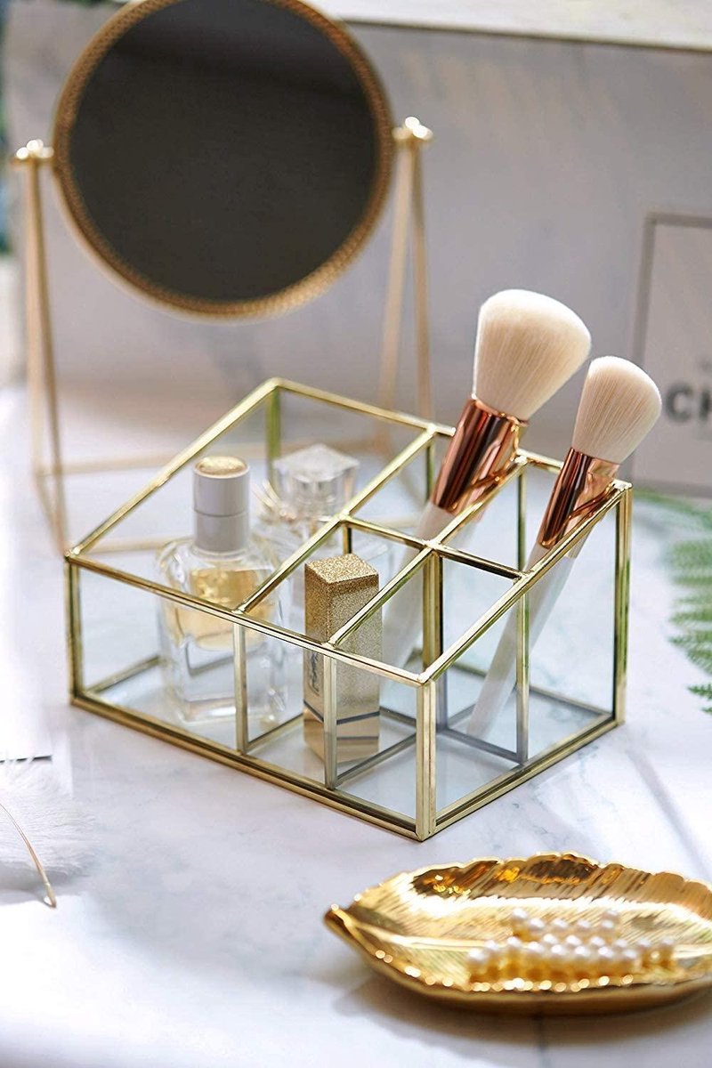 Organizer Vintage 5 compartimenten cosmetische organizer Glas & metaal make-up opslag - goud