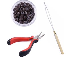 Combi-set Microring met silicone 100 stuks (Donker Bruin) + microring loop + Extension tang / microring inzettang