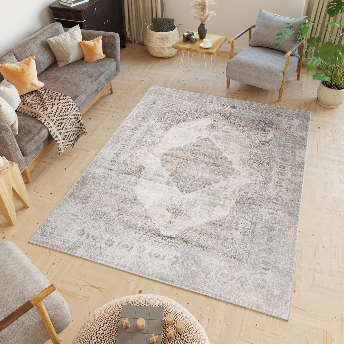 Tapiso Valley Vloerkleed Vintage Laagpolig Grijs Beige Tapijt Maat- 120x170