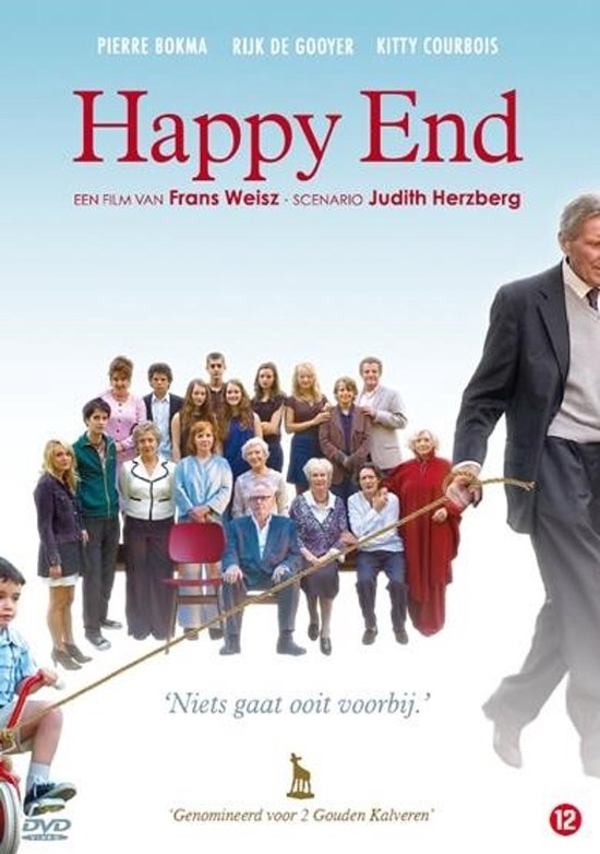 Poster van de film 'Happy End' met een groep mensen en de tekst 'Niets gaat ooit voorbij.'