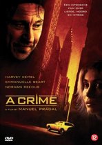 DVD hoes van A Crime met close-ups van Harvey Keitel en Emmanuelle Beart, gebouwen en een auto.