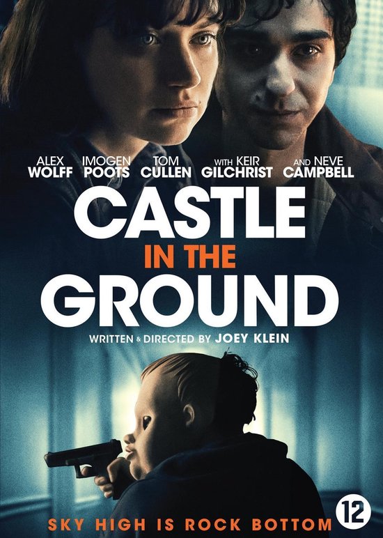 Film poster: Twee jonge mensen kijken ernstig, een kind met masker houdt een pistool vast. Tekst: Castle in the Ground, Sky High is Rock Bottom.