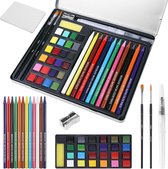 RX Goods Ensemble de Peinture à l'Aquarelle et à l'Eau - 42 Pièces - 12 Crayons Aquarelle, 24 Peintures & Accessoires - Pour Enfants & Adultes