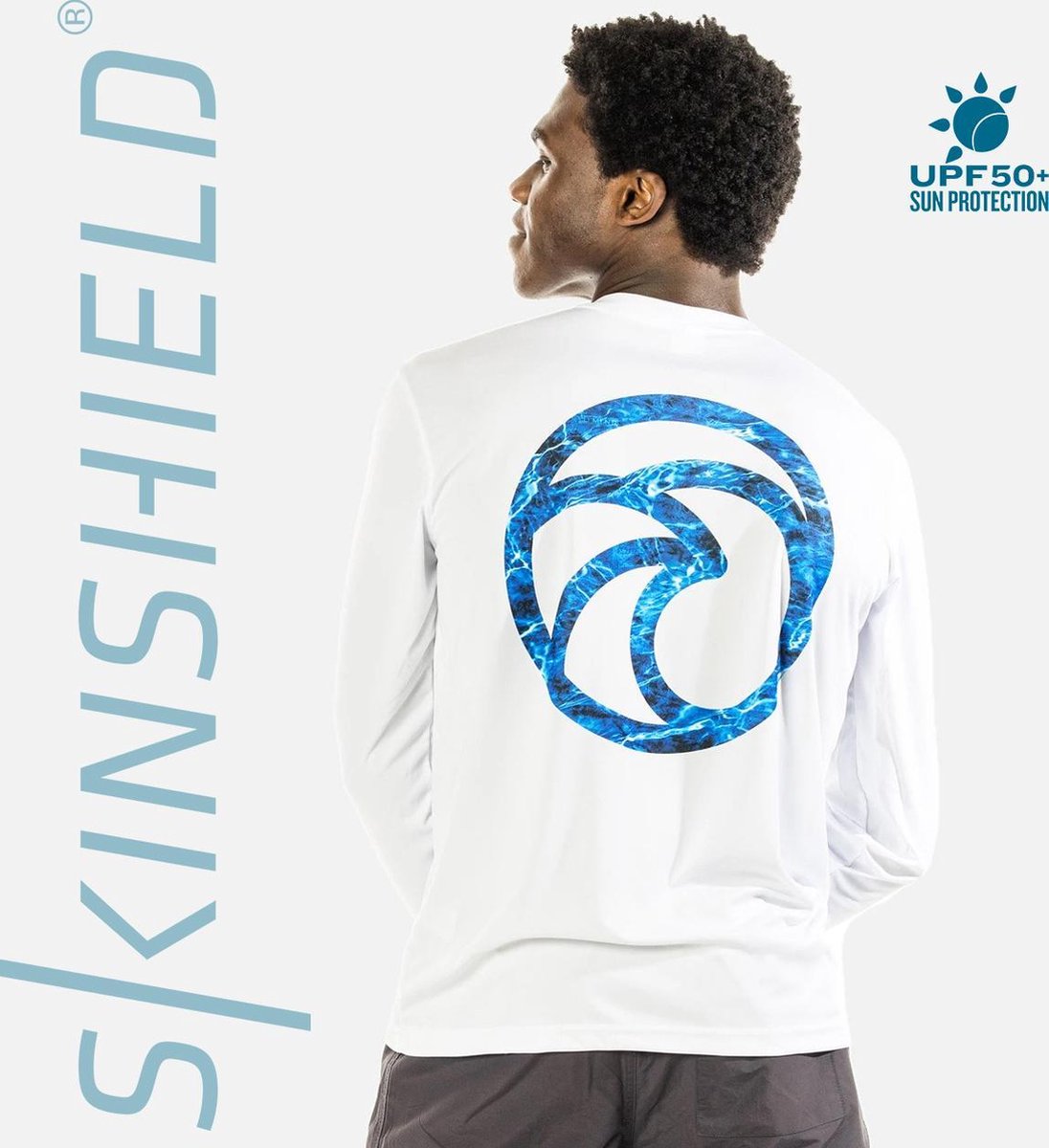 Skinshield - BLUE MARLIN WAVE - UPF 50+ UV-zonbeschermend sport shirt heren - lange mouwen - White - Wit - XXL