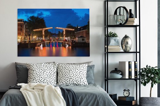 Peintures sur toile Amsterdam - Pont - Nuit - 120x80 cm - Décoration murale