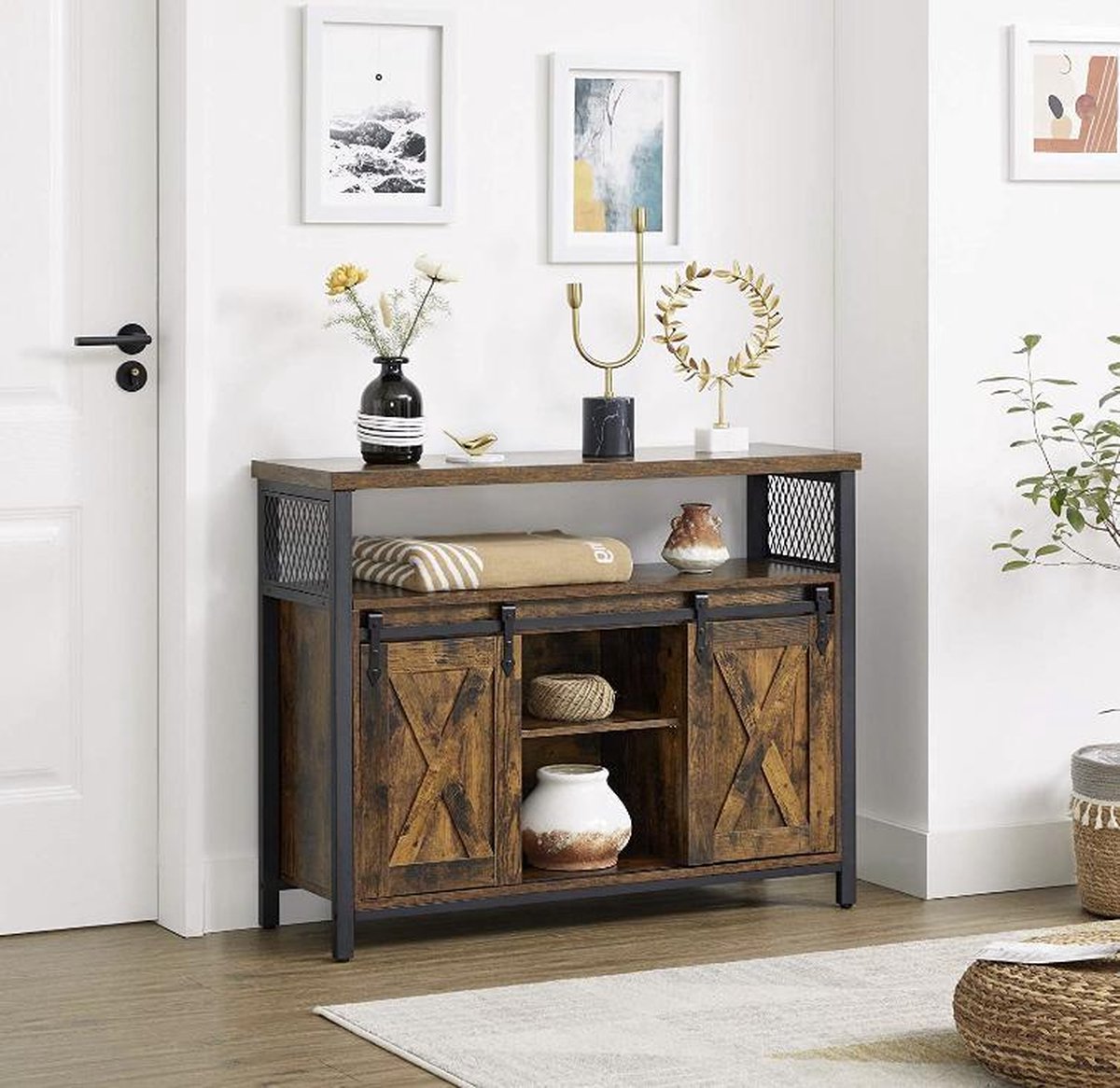 Mazazu - Kast - Kast met deuren - Industrieel - Hout/Metaal - Bruin/Zwart - 100x33x80