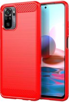 Xiaomi Redmi Note 10 - Note 10S Hoesje - MobyDefend TPU Gelcase - Geborsteld Metaal + Carbonlook - Rood - GSM Hoesje - Telefoonhoesje Geschikt Voor Xiaomi Redmi Note 10 - Xiaomi Redmi Note 10S