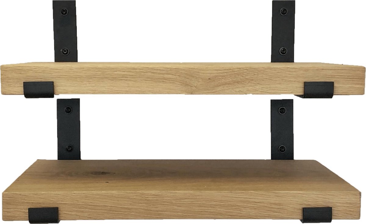 GoudmetHout Wandplank Set Industrieel - 50 x 25 cm Muurplank - Eiken Hout - Decoratie Wandrek & Boekenrek - Set van 2 Hangplanken Keuken - Wall Shelf + 2 Mat Zwarte Plankdragers van Staal