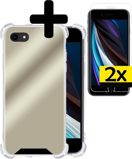 iPhone SE 2020 noir avec coque et deux protecteurs d'écran.