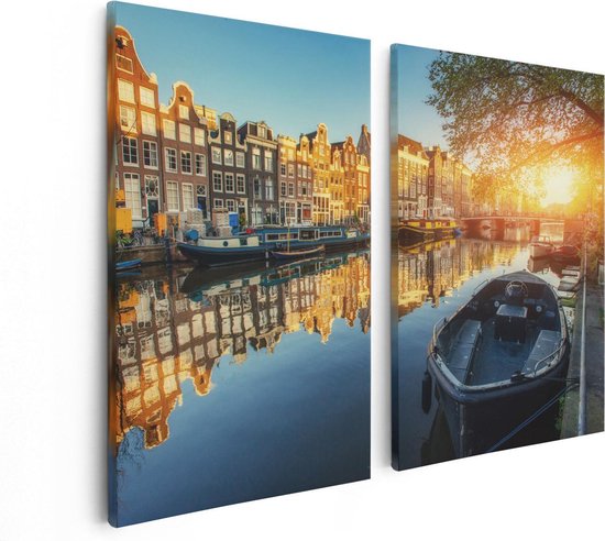 Artaza Canvas Schilderij Tweeluik Amsterdamse Gracht Bij Zonsondergang - 80x60 - Foto Op Canvas - Canvas Print