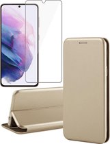 Hoesje geschikt voor Samsung Galaxy S21 FE - Book Case Lederen Wallet Cover Minimalistisch Pasjeshouder Hoes Goud - Tempered Glass Screenprotector