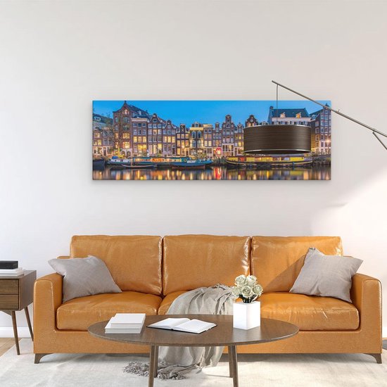 Artaza - Peinture sur toile - Maisons d'Amsterdam dans la soirée avec des lumières - 120x40 - Groot - Photo sur toile - Impression sur toile