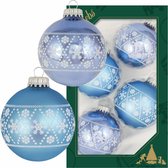 12x Luxe blauwe glazen kerstballen met witte sneeuwvlokken 7 cm - Kerstversiering/kerstdecoratie blauw