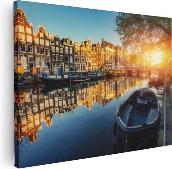 Artaza Canvas Schilderij Amsterdamse Gracht Bij Zonsondergang - 80x60 - Foto Op Canvas - Canvas Print
