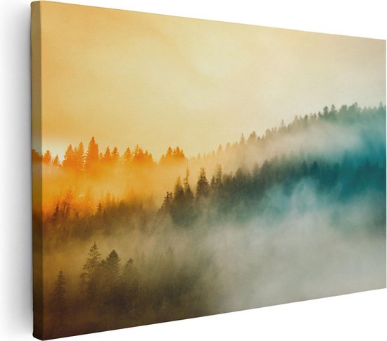 Artaza Canvas Schilderij Kleurrijke Zonsopgang In Het Bos Met Mist - 60x40 - Foto Op Canvas - Canvas Print