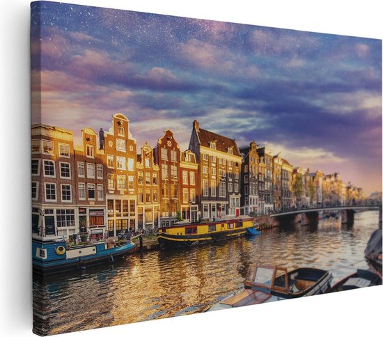 Artaza Canvas Schilderij Amsterdamse Gracht In De Nacht Met Sterren - 60x40 - Foto Op Canvas - Canvas Print
