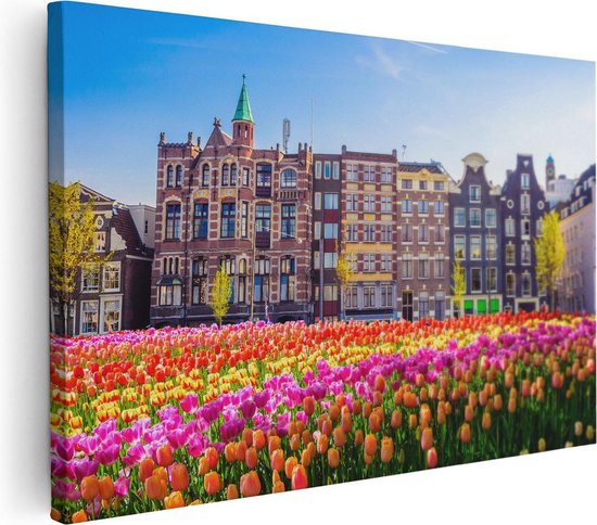 Artaza Canvas Schilderij Amsterdamse Huisjes Met Tulpen - Kleur - 30x20 - Klein - Foto Op Canvas - Canvas Print