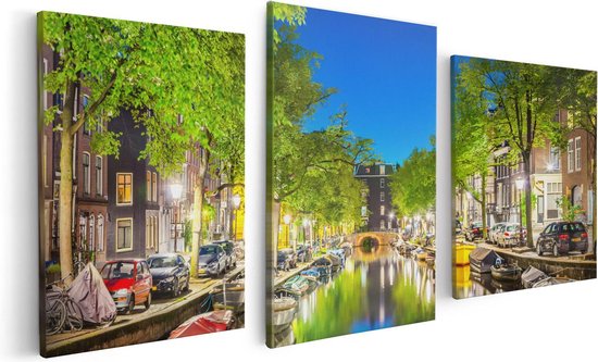 Artaza Canvas Schilderij Drieluik Amsterdamse Gracht In De Nacht - 120x60 - Foto Op Canvas - Canvas Print