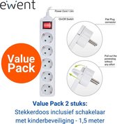 Ewent 2x Stekkerdoos met schakelaar Value Pack - 5 contacten - met kinderbeveiliging - wit - 1,5 meter