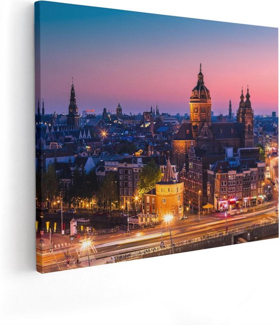 Artaza Canvas Schilderij Amsterdam Skyline Bij Zonsondergang  - 100x80 - Groot - Foto Op Canvas - Canvas Print