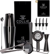 COLLIE Cocktail set – 12-Delige Metaal Zwarte Cocktailset - Cocktail shaker set (850ml)  – Inclusief receptenboek - Metaal Zwart