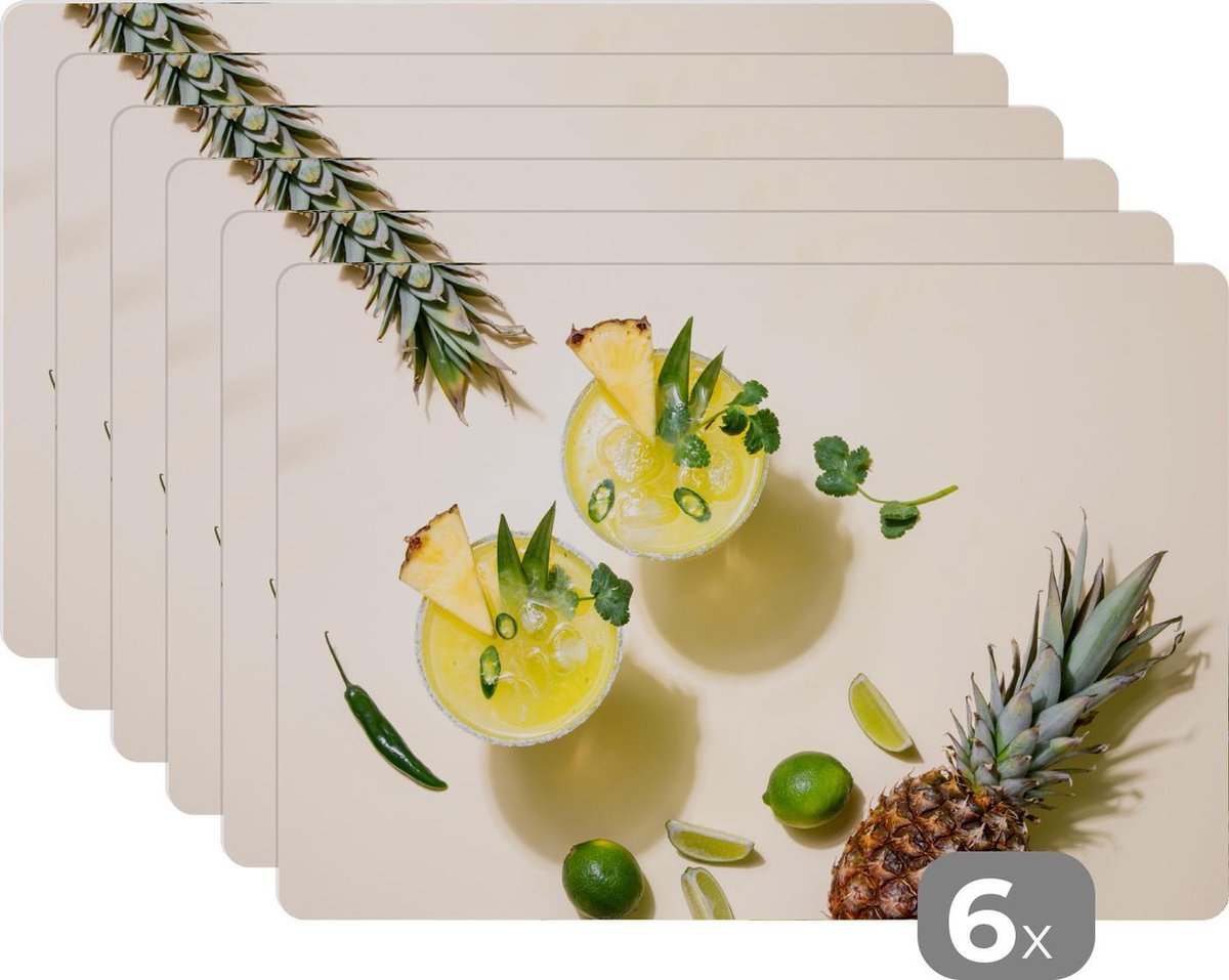 Placemat - Placemats kunststof - Drank - Ananas - Zomer - 45x30 cm - 6 stuks - Hittebestendig - Anti-Slip - Onderlegger - Afneembaar