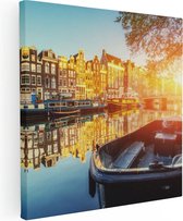 Artaza Canvas Schilderij Amsterdamse Brug - Gracht - Met Bloemen - 70x70 - Foto Op Canvas - Canvas Print