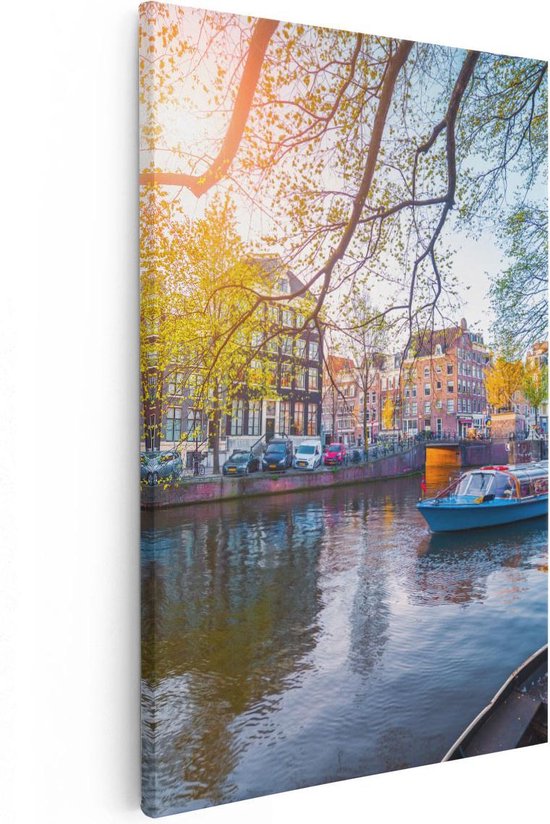 Artaza Canvas Schilderij Amsterdamse Gracht Tijdens Het Voorjaar - 40x60 - Poster Foto op Canvas - Canvas Print