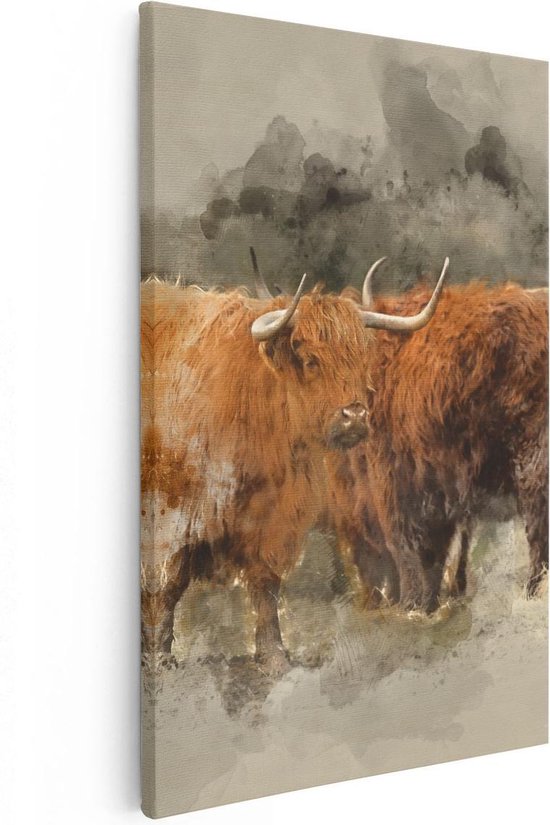 Artaza Canvas Schilderij Twee Schotse Hooglander Koeien - Abstract - 40x60 - Poster Foto op Canvas - Canvas Print