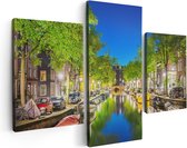 Artaza Canvas Schilderij Drieluik Amsterdamse Gracht In De Nacht - 90x60 - Foto Op Canvas - Canvas Print