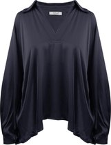 Satijnen Blouse Ethel, Top met V-hals en Kraagje, Top met Pofmouwen, Donkerblauw