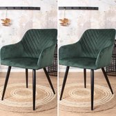 Eetkamerstoel Gaby - stoel - armstoel - industrieel - velvet - velours - fluweel - groen - zwart metaal - met armleuning - set van 2