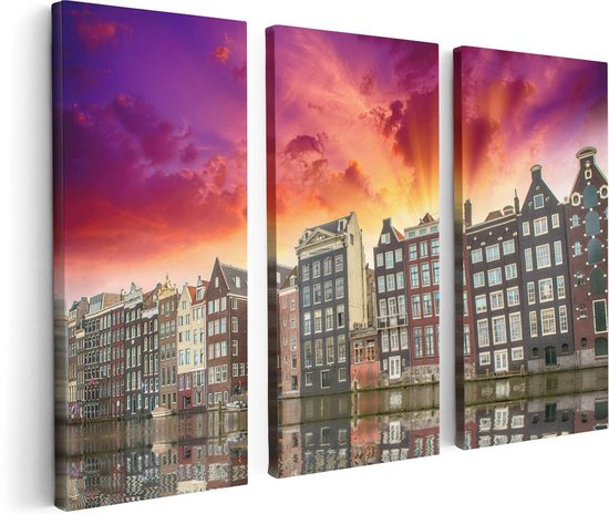 Artaza Canvas Schilderij Drieluik Amsterdamse Huisjes Bij Het Kanaal - Kleur - 120x80 - Foto Op Canvas - Canvas Print