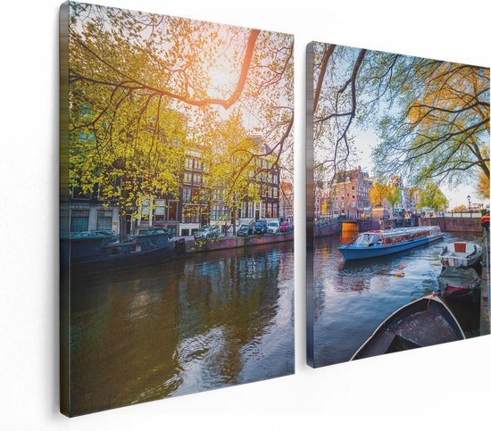 Artaza Canvas Schilderij Tweeluik Amsterdamse Gracht Tijdens Het Voorjaar - 120x80 - Foto Op Canvas - Canvas Print