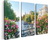 Artaza Canvas Schilderij Drieluik Amsterdamse Kanaal Met Bloemen - 120x80 - Foto Op Canvas - Canvas Print