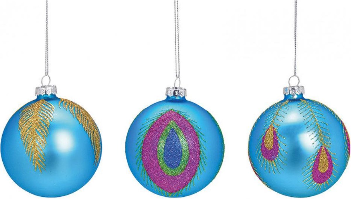 Glazen Kerstballen Met Glitters - Turkoois / Glitter - Diameter 8cm - 12 Stuks