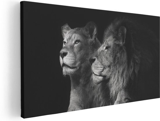 Artaza Canvas Schilderij Leeuw En Leeuwin - Zwart Wit - 120x60 - Groot - Foto Op Canvas - Canvas Print