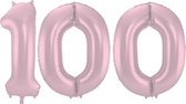 De Ballonnenkoning - Folieballon Cijfer 100 Pastel Roze Metallic Mat - 86 cm
