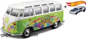 Volkswagen Van Samba Hippie Line (Groen) (15 cm) 1/24 Maisto + Hot Wheels Miniatuurauto + 3 Unieke Auto Stickers! - Model auto - Schaalmodel - Modelauto - Miniatuur autos - Speelgoed voor kin