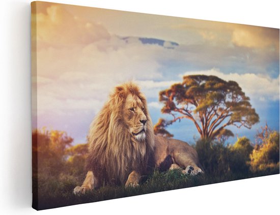 Artaza Canvas Schilderij Leeuw Tijdens Zonsondergang - 60x30 - Foto Op Canvas - Canvas Print