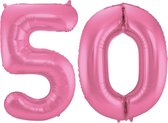 De Ballonnenkoning - Folieballon Cijfer 50 Roze Metallic Mat - 86 cm