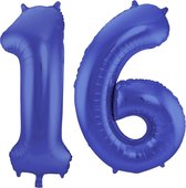 De Ballonnenkoning - Folieballon Cijfer 16 Blauw Metallic Mat - 86 cm