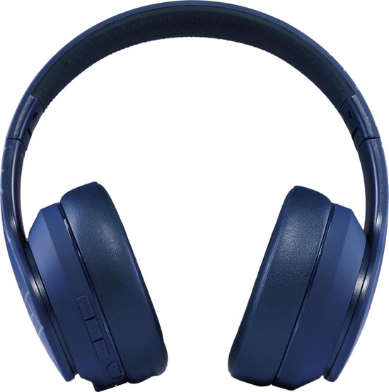 Een donkerblauwe, inklapbare PowerLocus over-ear koptelefoon.