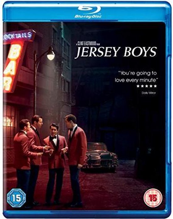 Blu-ray hoes van Jersey Boys met vier mannen in rode colberts, buiten 's nachts.