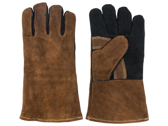 Bruine suède werkhandschoenen met zwarte bovenkant en beige stiksels.