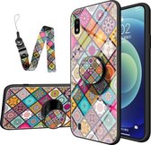 Voor Samsung Galaxy A10 Geschilderd Etnisch Patroon Gehard Glas TPU Schokbestendig Hoesje met Opvouwbare Magnetische Houder & Nekband (Geruit)