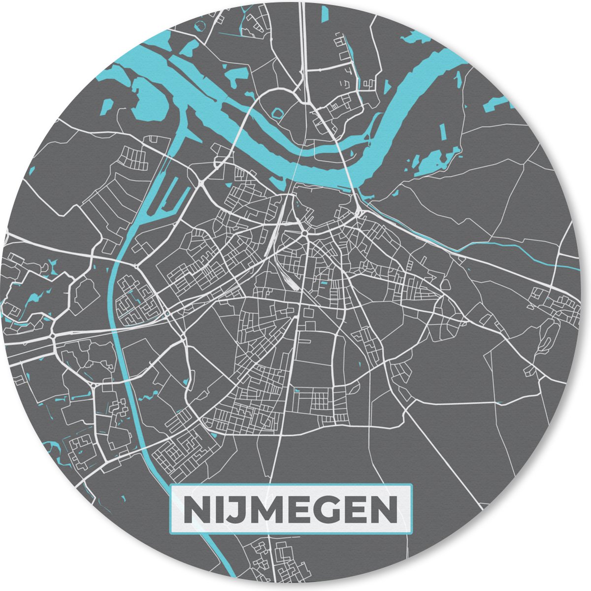 Muismat rond 20x20 cm - Mousepad Plattegrond - Nijmegen - Grijs - Blauw - Ronde muismatten - Stadskaart