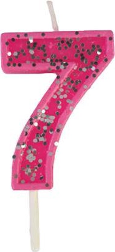 Bougie décoration gâteau numéro 7 - Anniversaire - Rose - Glitter - Cire - 4 x 3 cm