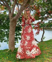 MKL - Dames jurk - lange zomerjurk - Kleur bruin - Knopen - Bloemen - Braziliaanse Mode, - Lente/ Zomer - Chic -Elegant Vrolijke Vrouwen jurk bloemen - Vintage Lange Maxi Jurk - Jurk Cholet -