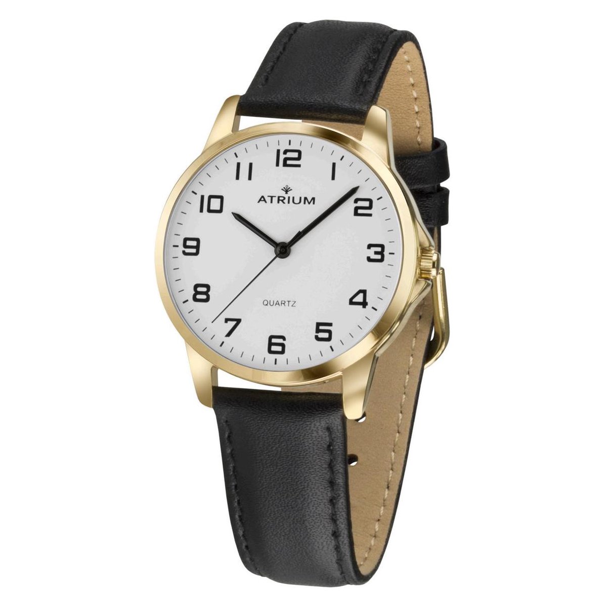 ATRIUM Horloge - Dames - Goud - Analoog - Leer Zwart - Lederen Bandje - Verstelbaar - Duidelijk - Quartz uurwerk - Edelstalen Sluiting - A37-20